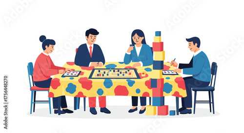 A group of friends enjoying a board game night together around a colorful table.