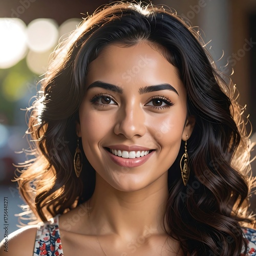 Smiling woman with dark wavy hair & ornate earrings, lit by warm sunlight, blurred background