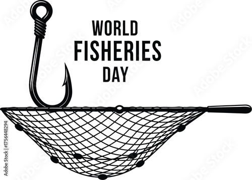 Fishing hook and net for world fisheries day fishing industry and sustainable fishing concept