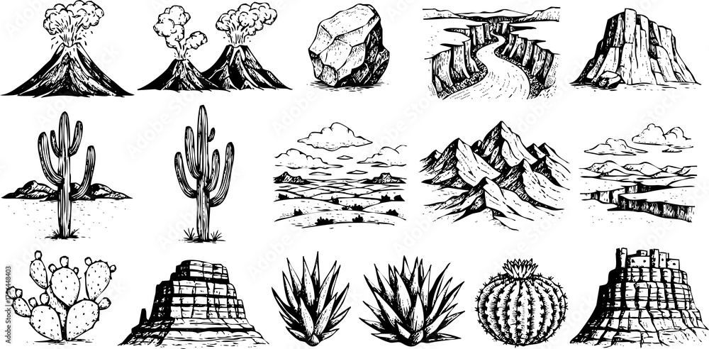 Fototapeta premium Collection of handdrawn sketches depicting desert landscape elements and geological formations isolated on transparent background