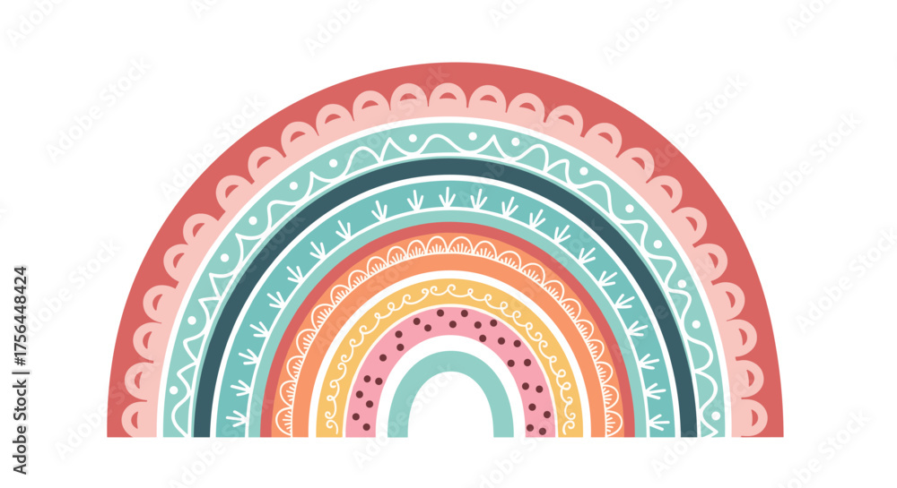 Naklejka premium A colorful boho rainbow illustration with intricate patterns and soothing pastel colors.