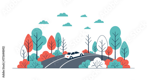 A white car drives down a winding road through a vibrant forest.