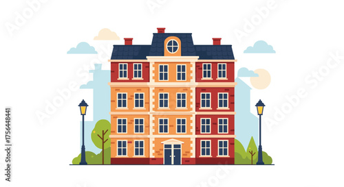 A colorful apartment building with windows and doors surrounded by trees and streetlights.