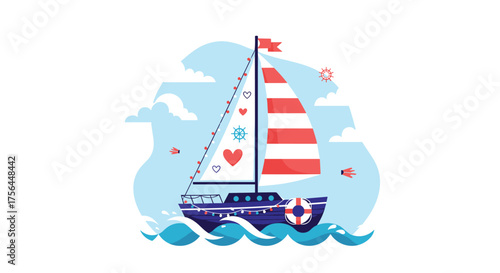 A vibrant sailboat with red and white stripes sails across the wavy blue ocean under a clear sky.