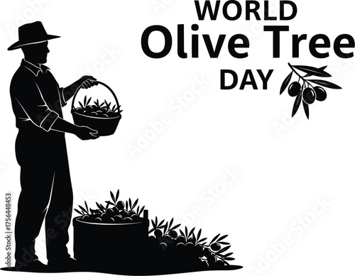 A farmer harvests olives from a tree, celebrating world olive tree day vector illustration
