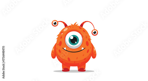 An adorable round orange cartoon monster with one eye and two antennae stands smiling.