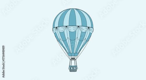An illustrative depiction of a classic hot air balloon floating gently against a pale blue sky.