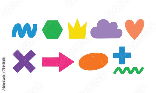 Colorful geometric shapes squiggle hexagon crown cloud heart cross arrow oval plus sign doodle