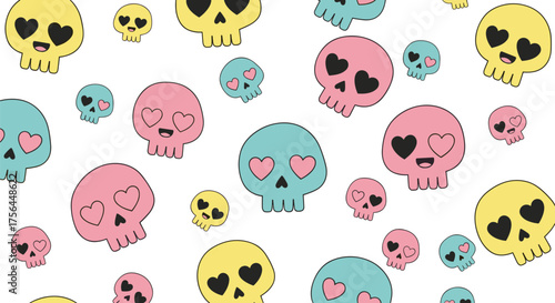 A cheerful pattern of pastel colored skulls with heart shaped eyes and playful expressions scattered across a white background.