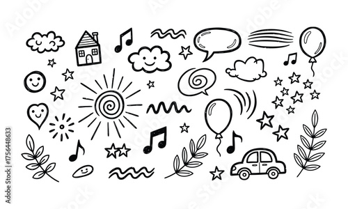 Doodle elements set of drawings sun clouds stars house car and musical notes