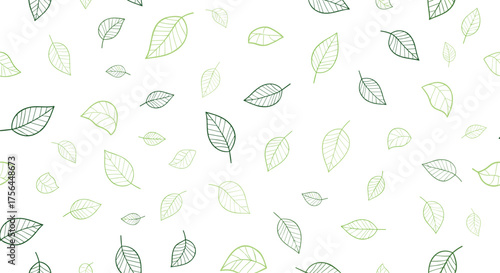 A delicate pattern of scattered green leaves in various sizes and densities floats on a clean white background.