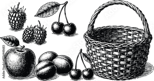 Assortment of fresh berries and fruits with a woven basket isolated on transparent background