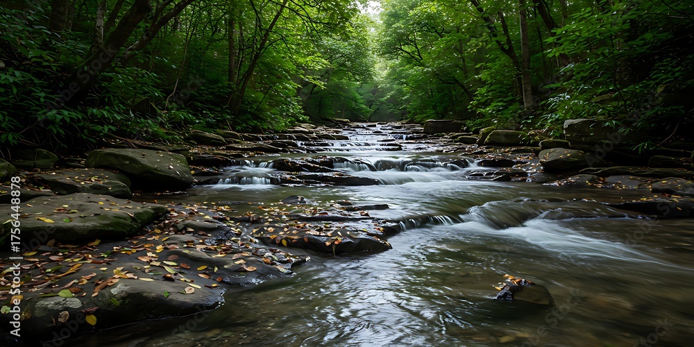 Obraz premium A scenic view of a stream flowing through a lush green forest, creating a tranquil and natural landscape.