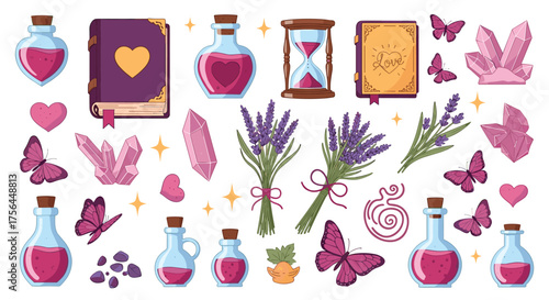 A magical collection of potion bottles crystals and mystical elements.