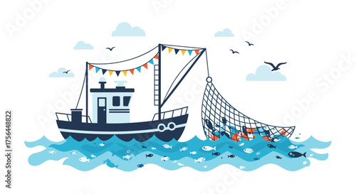 A fishing boat with a colorful flag garland hauls in a net full of fish.