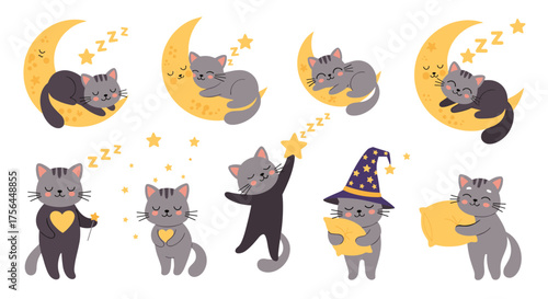 A charming collection of whimsical illustrations featuring adorable cats enjoying serene nighttime activities.