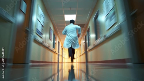 A cinematic scene of a doctor rushing through a hospital hallway, capturing the urgency, tension, and heroism of a healthcare professional in motion during a dramatic life-saving moment