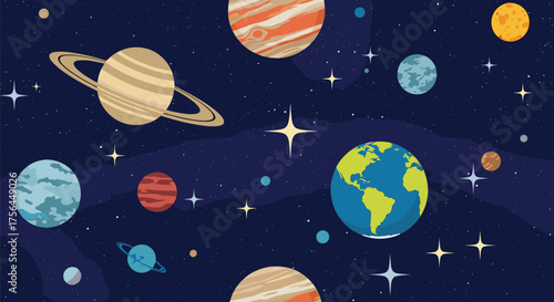 A vibrant pixel art depiction of our solar system with planets and stars in deep space.