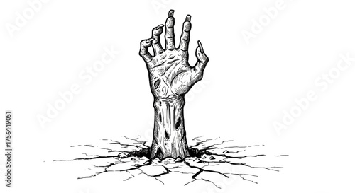 Horror Zombie Hand Rising from Cracked Ground – Vintage Engraving Style Halloween Sketch