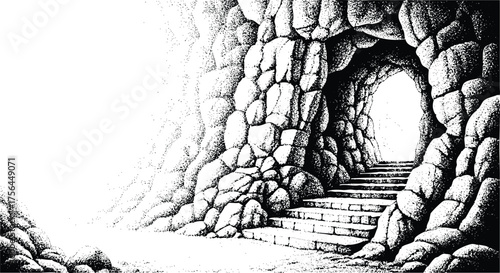 Entrance to a dark cave with stone steps leading upwards towards a bright light isolated on transparent background
