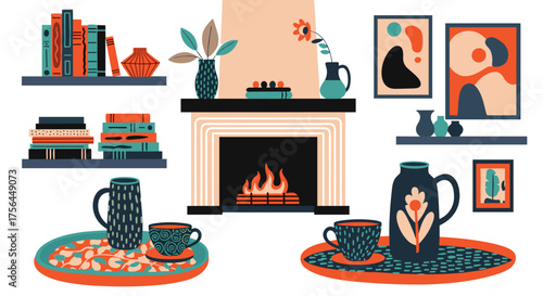 Cozy living room with fireplace and decorated shelves and wall art.