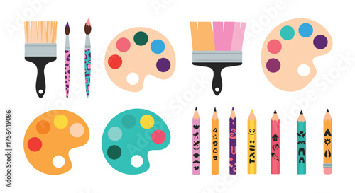 A collection of art supplies including paintbrushes palettes and colored pencils for creative projects and artistic endeavors.