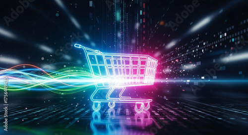 Glowing shopping cart with neon lights and digital background for online retail concept design
