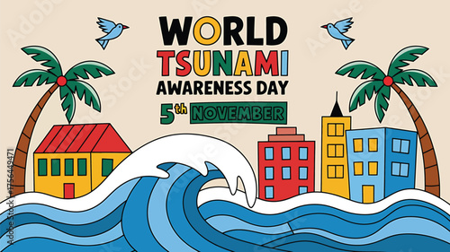 Vector art of world world tsunami awareness day,tsunami awareness day on november 5th, depicted with palm trees, buildings, and a large wave