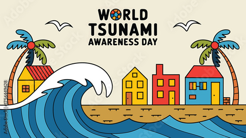 Vector art of world world tsunami awareness day,tsunami awareness day on november 5th with a wave hitting a beach town