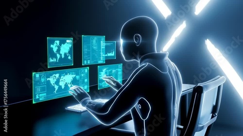 Man in futuristic room using interactive displays, showcasing global network, connecting with ease. Global network provides data visualization for business and communications needs,