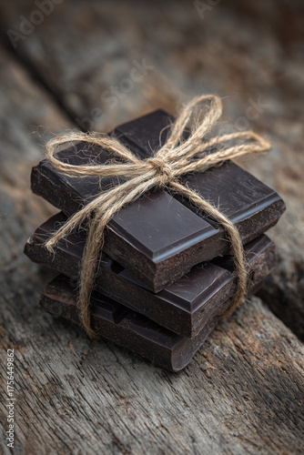 Dark Chocolate Bars with Twine Ribbon on Rustic Surface