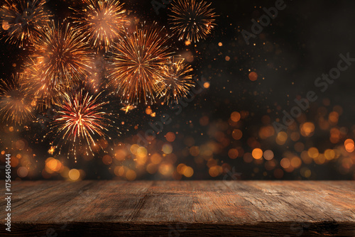 Festive fireworks display over wooden table background perfect for celebrations