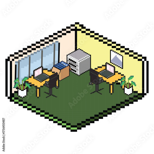 Pixel art isometric office detailed colorful vector illustration