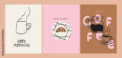 Hand drawn breakfast cards. Vector illustration of food and coffee in doodle naive ink, chalk, crayon drawing style. Minimalist line art for prints, posters, placards, menus in cafe or restaurant.