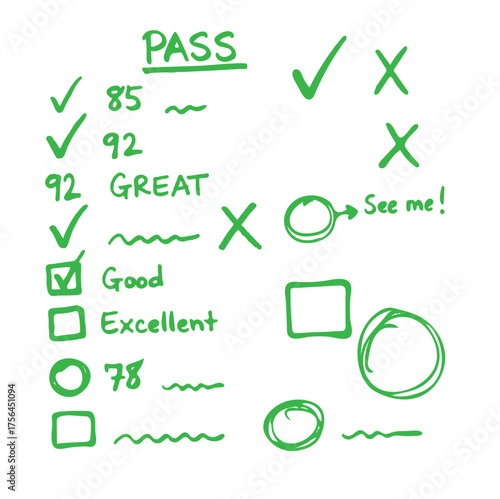 Adobe Illustrator Artwork, Hand drawn green checkmarks and crosses on a white background indicating grades and feedback for schoolwork or tests