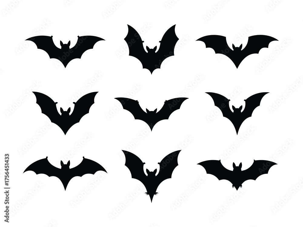 Naklejka premium Collection of nine black bat silhouettes in flight on a white background