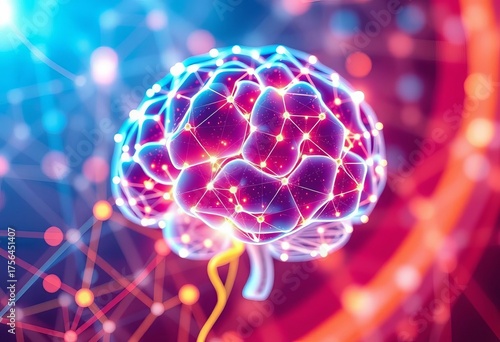 Abstract glowing network nodes and lines forming a brain,  network effect,  glowing