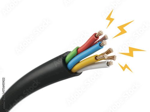 Exposed electrical wires with yellow lightning bolts on white background