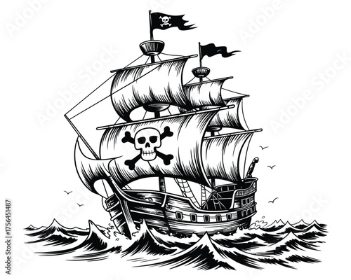 Black and white illustration of a pirate ship with skull and crossbones flag sailing on rough seas