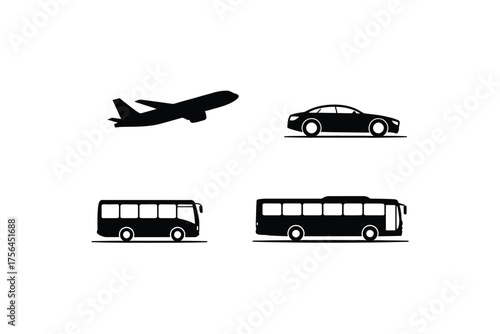 Collection of silhouettes of transportation vehicles including airplane car and buses