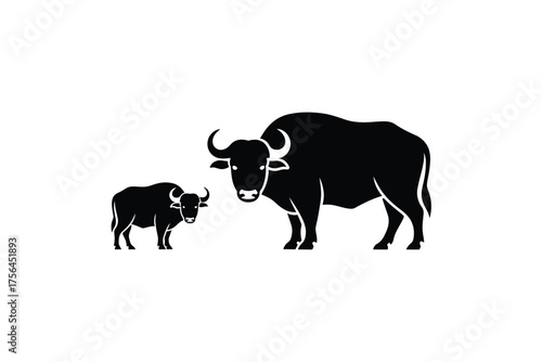 Silhouette of a large bull and a smaller calf standing side by side