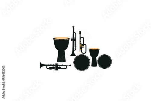 Collection of musical instruments including trumpets and drums
