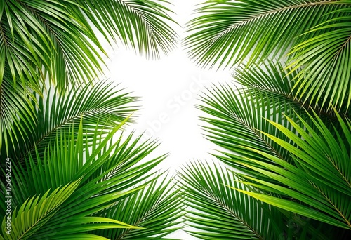 Tropical palm leaves arranged in a natural frame, lush green foliage,  summer,   botanical
