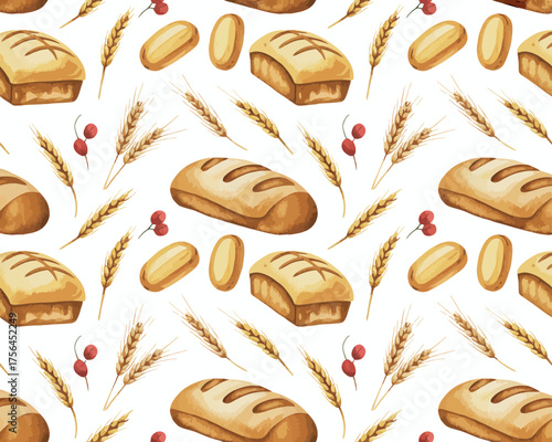 Seamless pattern of fresh baked bread loaves and wheat stalks