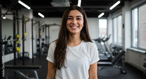 Smiling young woman in a white tee, looking at the camera, posed in a modern gym setting