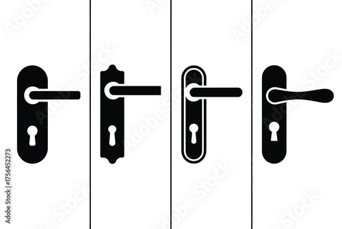 Collection of black door handles with keyholes on white background