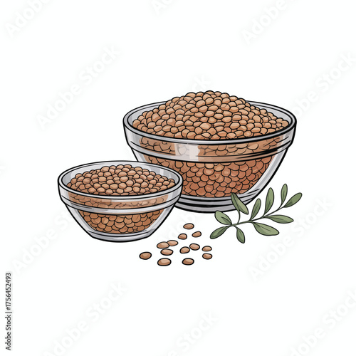 Two glass bowls filled with brown lentils and a sprig of herbs