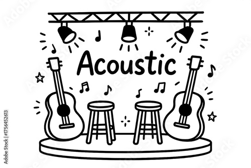 Acoustic Stage Doodle. Doodle acoustic stage with guitars, stools, and spotlights, center word “Acoustic” in black and white