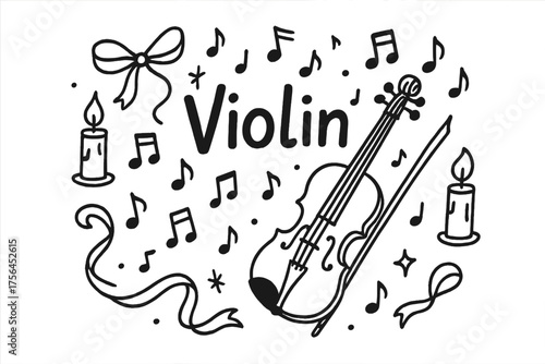 Doodle Violin Art. Doodle violin solo with notes, candles, and ribbons, center word “Violin” in black and white isolated
