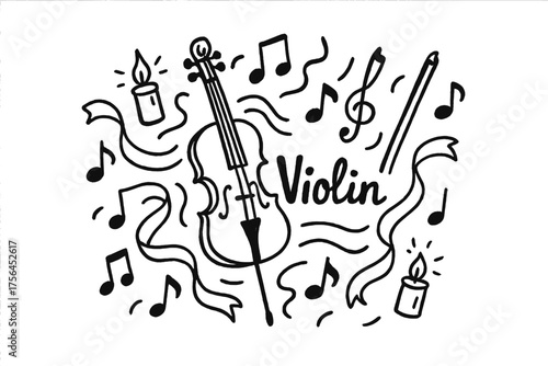 Doodle Violin Art. Doodle violin solo with notes, candles, and ribbons, center word “Violin” in black and white isolated